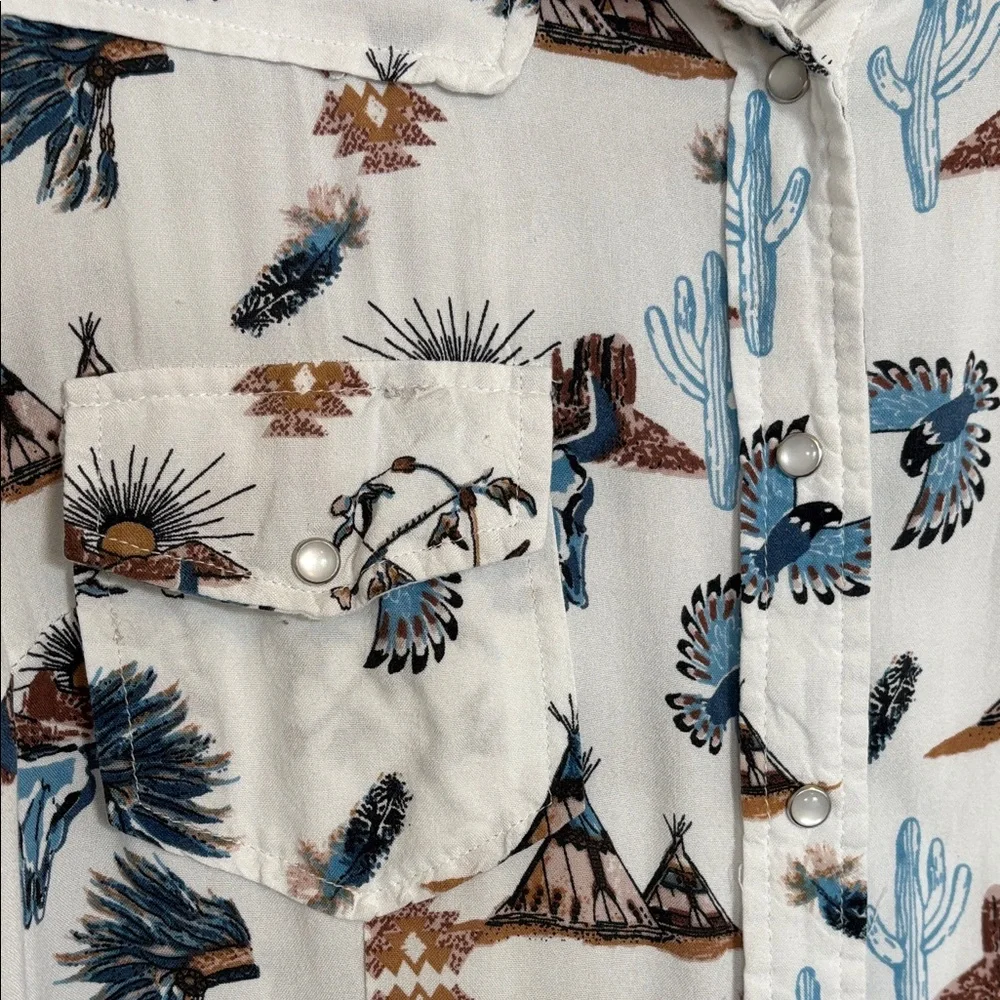 Women's White Medium Western Desert Print Button Down Shirt - Picture 6 of 10